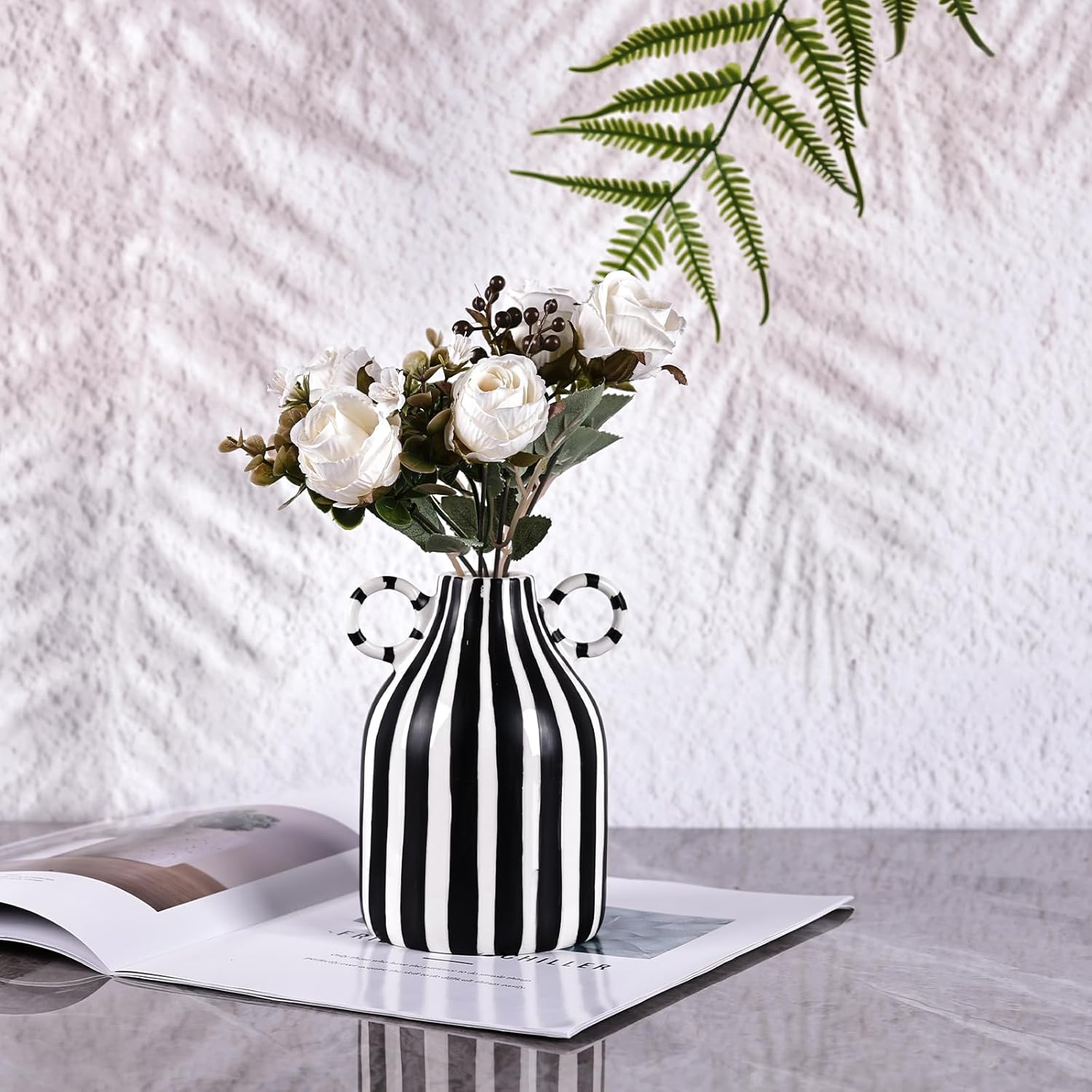 Contemporary Black and White Striped Vase with Circular Handles