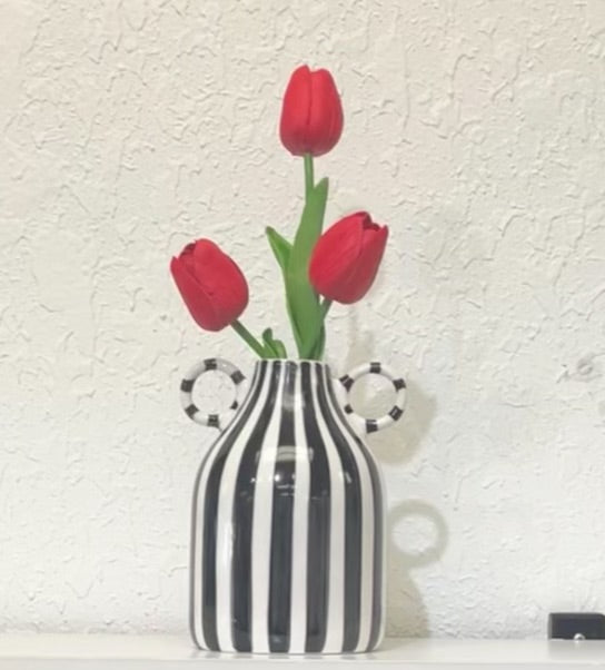 Contemporary Black and White Striped Vase with Circular Handles